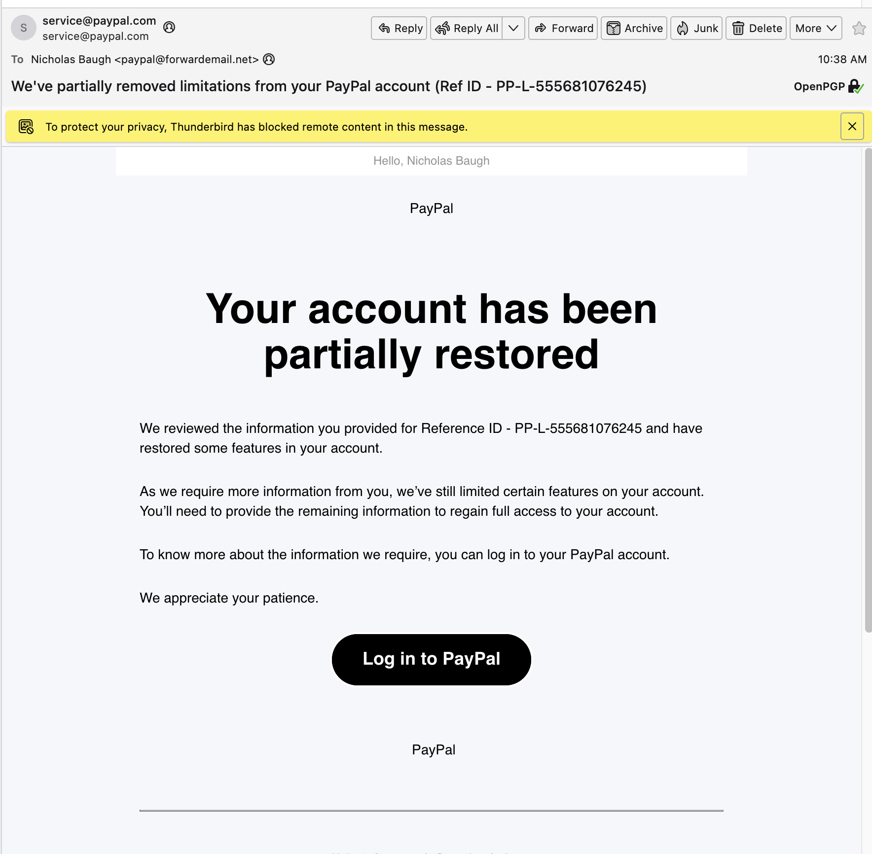 PayPal restored screenshot