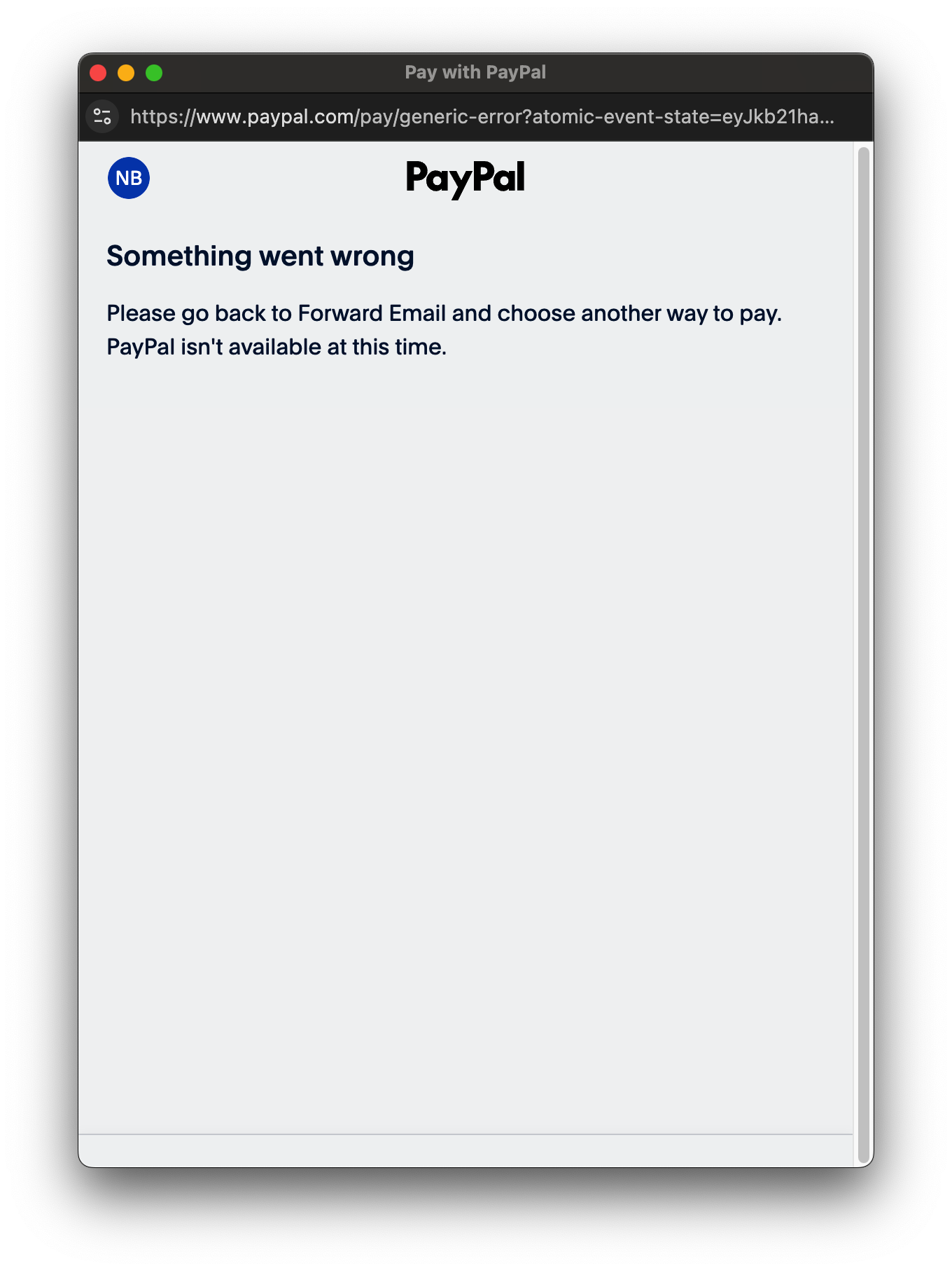 PayPal something went wrong error