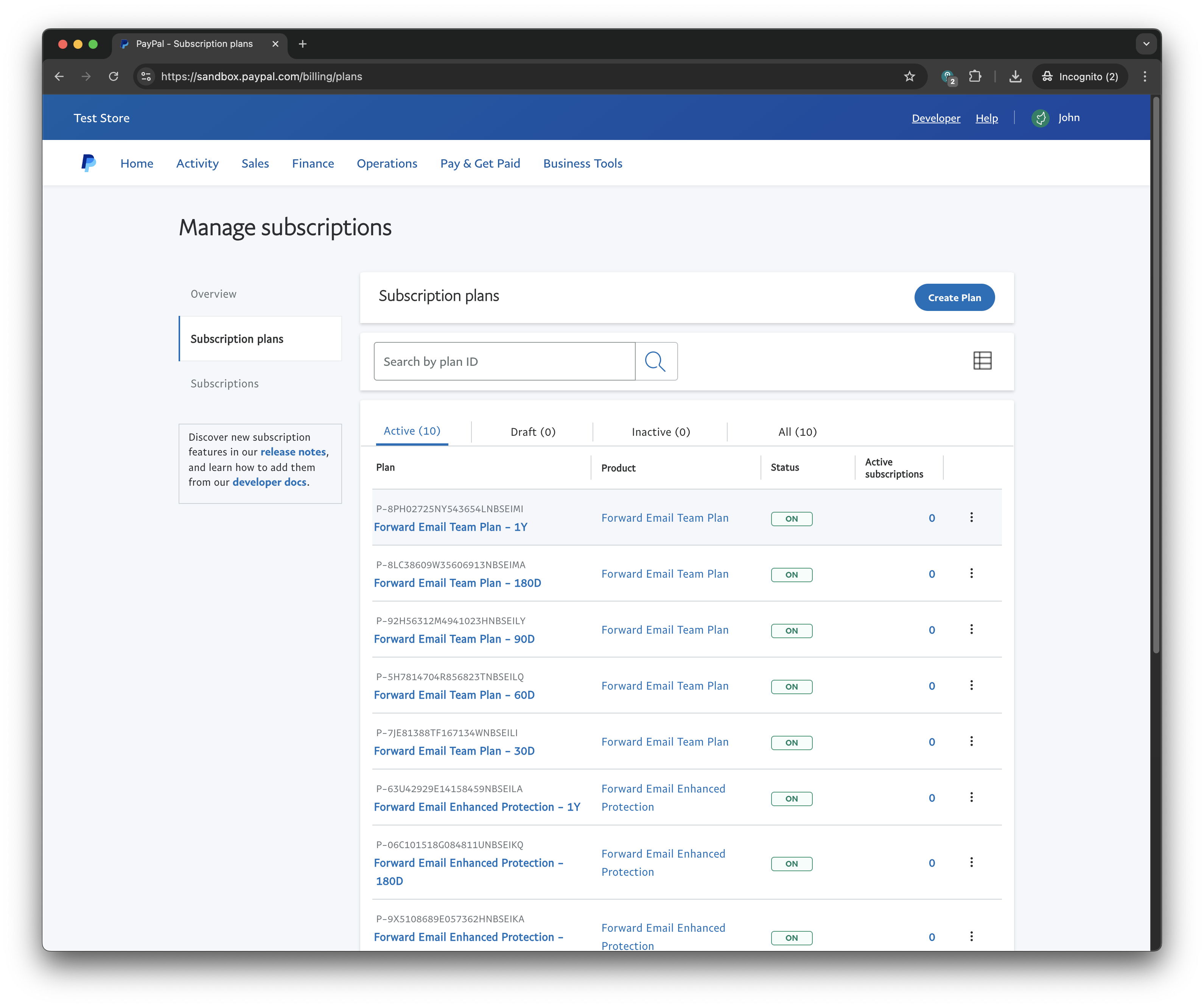 Captura de pantalla de suscripciones de PayPal 2